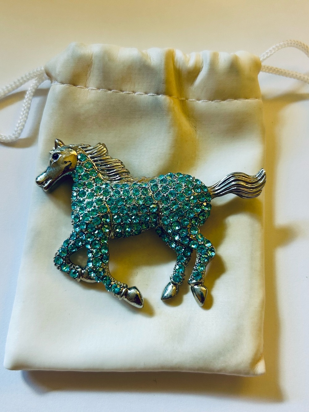 Silver w/sapphire rhinestones Horse Brooch Pin - Women Accessories